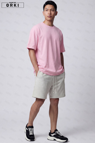 EFFRENATU Ανδρικό Oversize Basic Unisex ανοιχτό ροζ μπλουζάκι με γκρι σορτς σ...