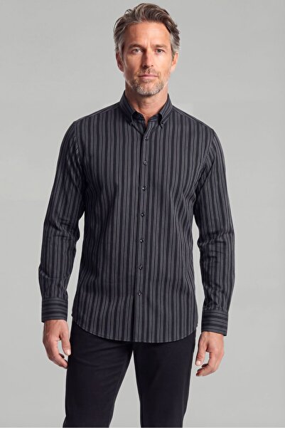 Bisse Modern Fit Paşa Yaka Düğmeli Çizgili Pamuk Siyah Erkek Gömlek
