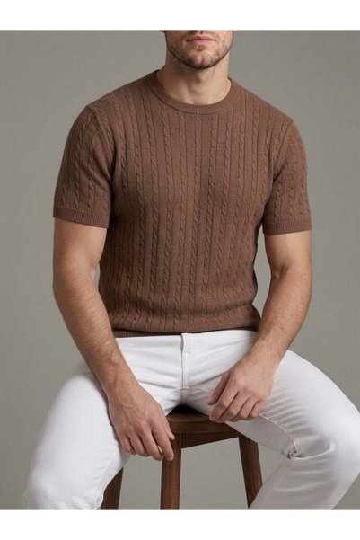 homiro Men's Beige Corded Fabric Knitwear Slim Fit T-Shirt