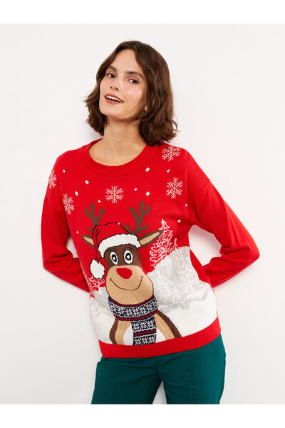 LC Waikiki Crew Neck Printed Long Sleeve Women's Tricot Sweater
