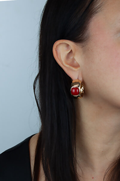 Liveyn Design Red Stone Detailed Gold Hoop Earrings