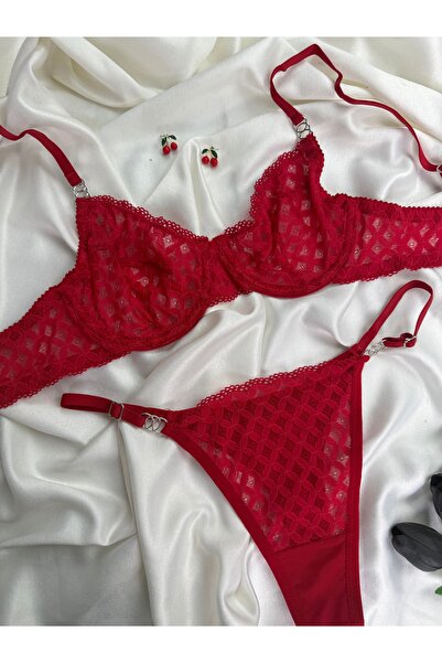İNKO İÇ GİYİM Κόκκινο Δαντελένιο Σετ Σουτιέν και Στρινγκ με Διαφανές Σχέδιο