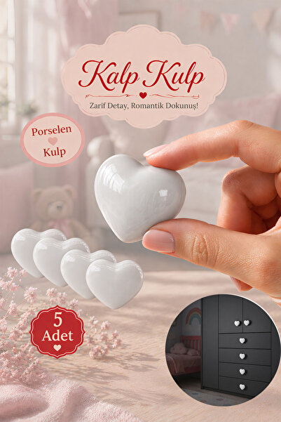 Badem10 (5 Adet) Çoçuk Odası Kalpli Beyaz Renk Porselen Düğme Kulp Mobilya Çe...