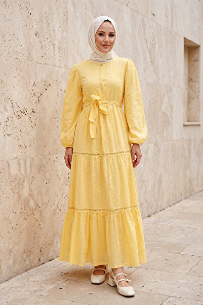 FERHEL Γυναικείο φόρεμα χιτζάμπ με βολάν και λεπτομέρεια από δαντέλα - Κίτρινο