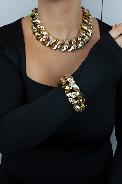 Liveyn Design Büyük Halka Form Metalize Gold Kadın Kolye Bileklik Set