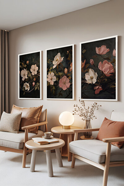 Zestia Λευκό Πλαίσιο με Σετ 3 Πινάκων, Σκούρο Φλοράλ – Κλασικό Σετ Ανθοσύνθεσ...