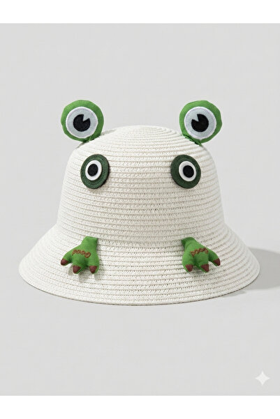 synshop Λευκός Βάτραχος Κερόπι Παιδικό Ψάθινο Καπέλο για 4-10 Ετών Καλοκαιριν...