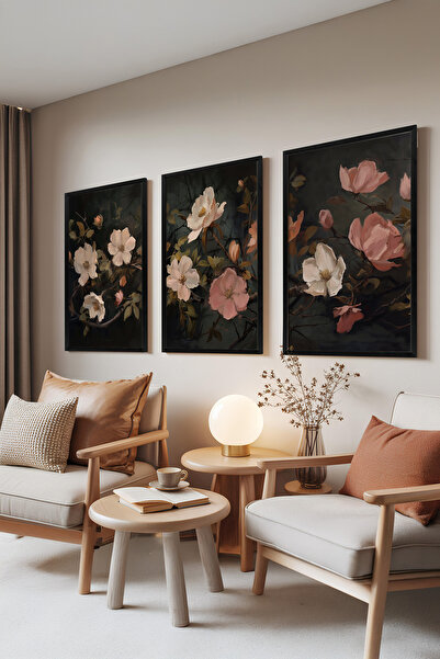 Zestia Σετ 3 πινάκων με μαύρο πλαίσιο, Σκούρο Φλοράλ – Κλασικό Σετ Ανθοσύνθεσ...