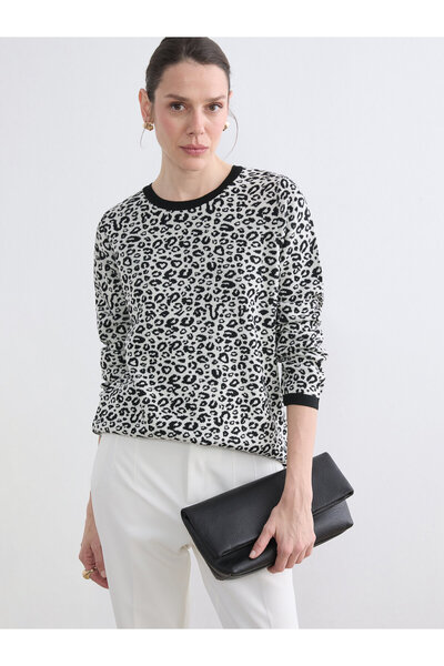 LC Waikiki Pulover tricotat de damă cu guler rotund cu imprimeu cu leopard