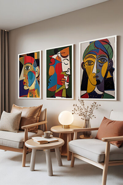 Zestia Σετ 3 πινάκων με λευκό πλαίσιο, Abstract Faces – Μοντέρνα Έγχρωμα Σχέδ...