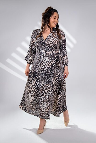 Roxxlen Γυναικείο φόρεμα με διπλό γιακά Leopard σε μεγάλο μέγεθος