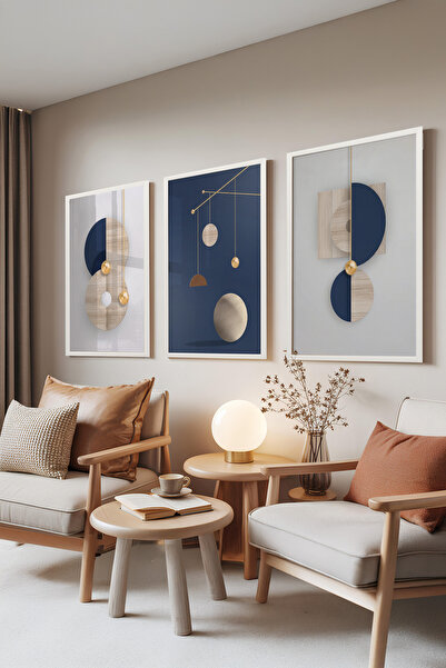 Zestia Set de 3 tablouri cu ramă albă, auriu geometric – Set Modern Balance ș...