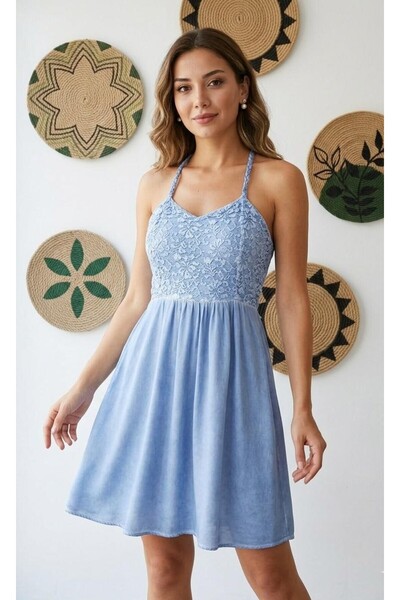 MONAMORE Γυναικείο φόρεμα με δαντέλα και λεπτομέρειες, με δέσιμο στην πλάτη, ...