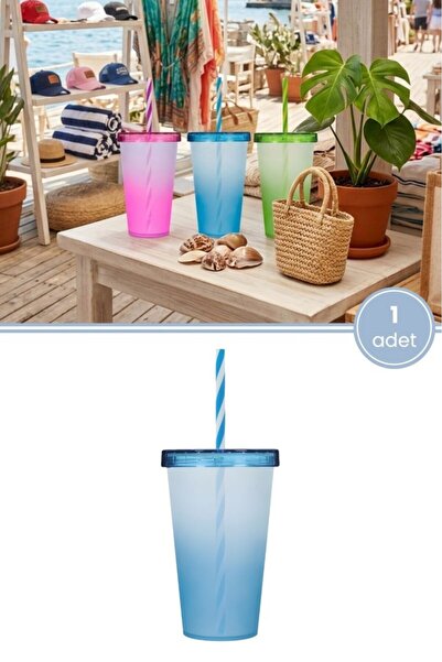 Flora Çift Renkli Pipetli Kapaklı Bardak 660 ml, Smoothie Meşrubat Meyve Suyu...