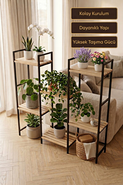 Bino 6 Raflı Çok Amaçlı Çiçeklik Metal Gövde Ahşap Raf Bitki Standı Balkon Salon Saksılık