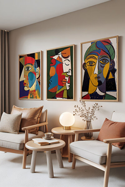 Zestia Set de 3 tablouri cu rame din lemn, Abstract Faces – Set de desene cu ...