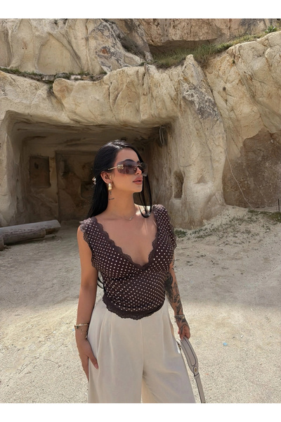 kırmızı butiks Καφέ Πουά Μπραλέτ με Δαντέλα