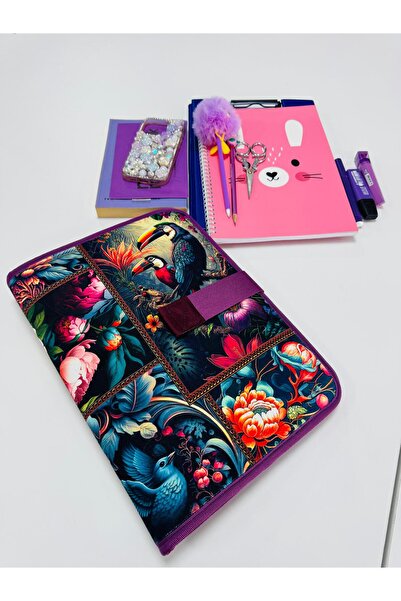 MORA BAG Tablet/ Kitap/Laptop Çantası 14 İnç - İhtişamlı Kuşlar Desenli/ Mor