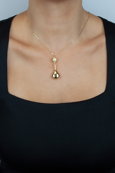 Liveyn Design Pearl Detailed Drop Form Gold Women's Necklace