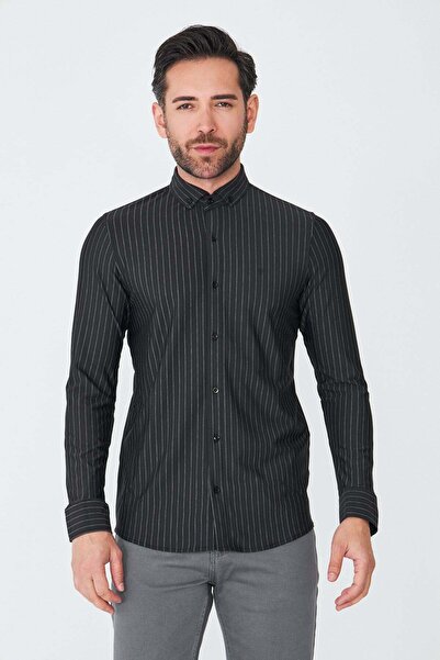 White Stone Μαύρο μακρυμάνικο ανδρικό πουκάμισο με λευκές ρίγες