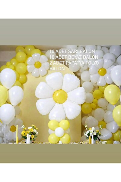 ÇAVUŞ E-TİCARET Beyaz Papatya Temalı Folyo Balon Seti 20 Balon(sarı+Beyaz) + ...