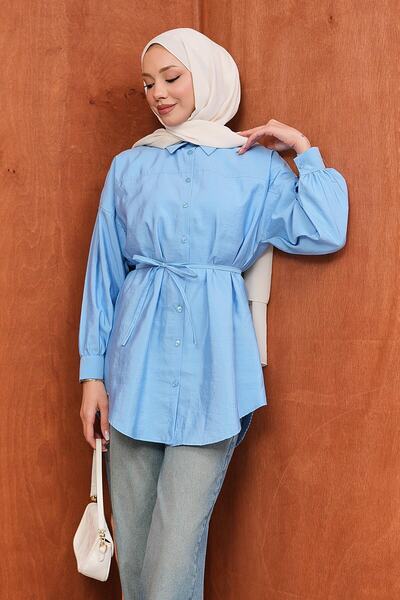 İmajButik Blue Buttoned Modal Shirt with String Tie