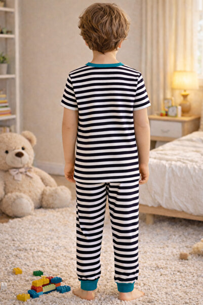 koza iç giyim Erkek Çocuk Pamuklu Çizgili Baskılı Kısa Kollu Uzun Alt Pijama Takımı