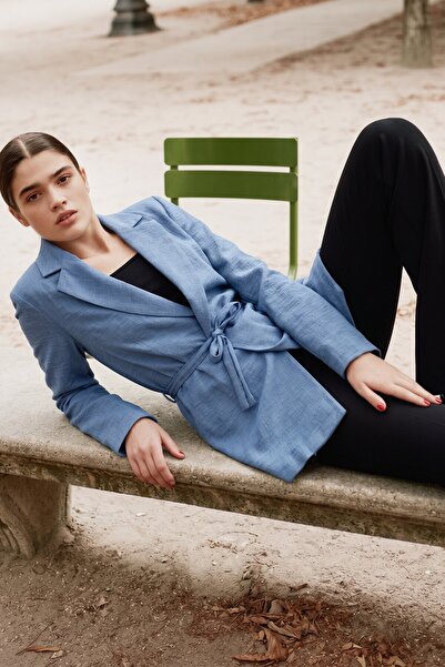 armonika Γυναικείο Μπλε Μπουφάν Oversize με Κορδόνι στη Μέση και Δέσιμο ARM-2...