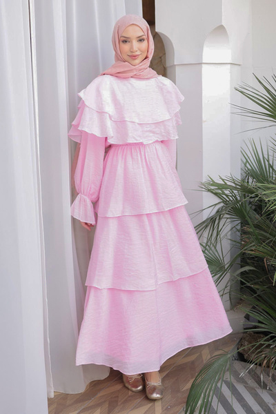 İmajButik Ροζ φόρεμα με γιακά και ελαστική μέση