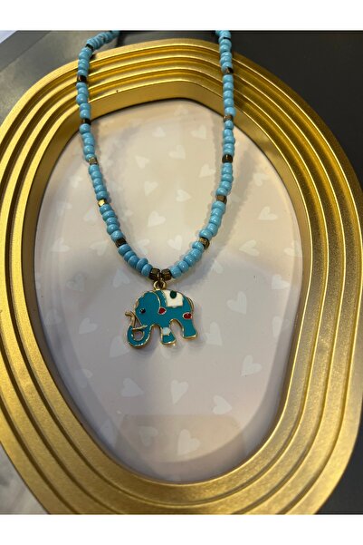 gozdeasutayaccessory Blue Beaded Elephant Figure Necklace
