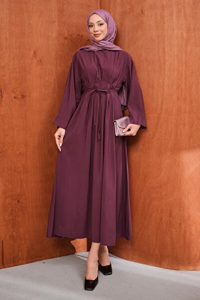 İmajButik Φόρεμα μπορντό με δέσιμο στη μέση και πιέτες