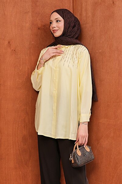 İmajButik Κίτρινο πουκάμισο με κεντημένες παγιέτες