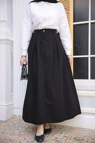 İmajButik Μαύρη πλισέ τζιν φούστα