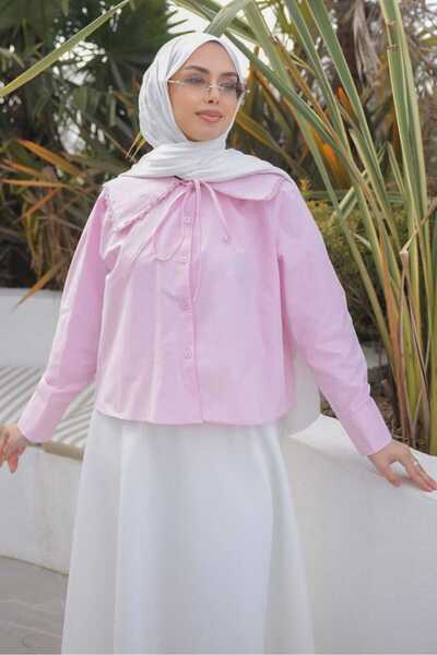 İmajButik Ροζ πουκάμισο ποπλίνα με δαντέλα στο γιακά