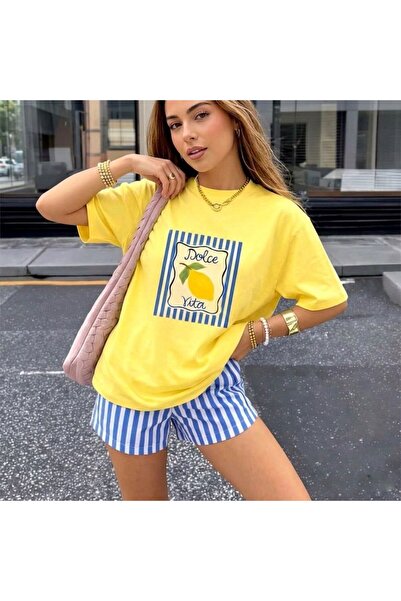 LOUİSA Γυναικείο σετ μπλουζάκι με στάμπα Dolce Vita σε κίτρινο χρώμα - Ριγέ μ...