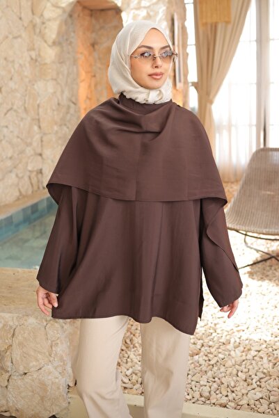 İmajButik Καφέ τουνίκ με λεπτομέρεια σάλι και δέσιμο στη μέση