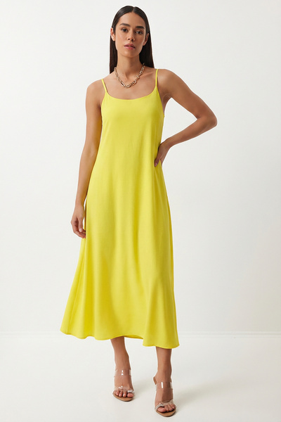 Lovelyİstanbul Καλοκαιρινό Μακρύ Λινό Φόρεμα με Τιράντες LGX0004 ΚΙΤΡΙΝΟ