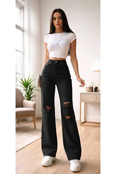 NWC Nova Lycra Women's Black Ripped Super High Waist Loose Leg Denim Loose Pa...