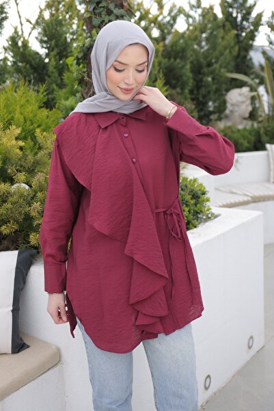 İmajButik Burgundy Shirt with Ruffle Detail on the Front
