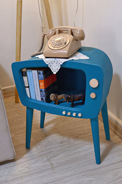 huncar Dekoratif Ahşap Sehpa Retro TV Turquoise ( Köşe Sehpa )