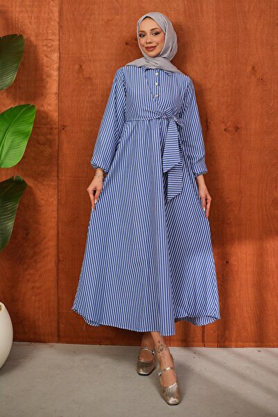 İmajButik Φόρεμα με ρίγες σε μπλε ναυτικό χρώμα, με κουμπιά στο γιακά και δέσ...