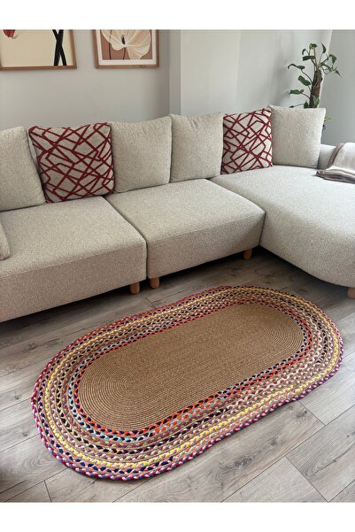 MaVaux Şölen Renkli Hasır Oval Kilim El Örgüsü Doğal Jüt Bohem Dekoratif Salo...