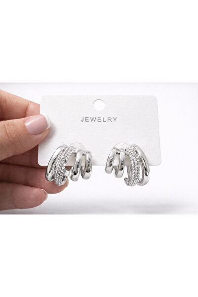 shinora.jewelry Gümüş Renk Çoklu Halka Taşlı Küpe (3'lü Görünümlü Modern Tasa...