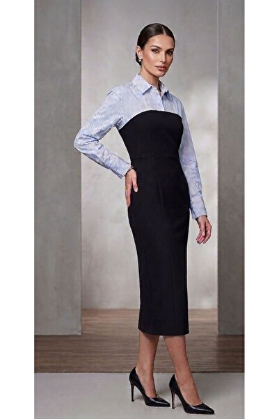 362 Fashion Butik Gömlek Detay Midi Elbise