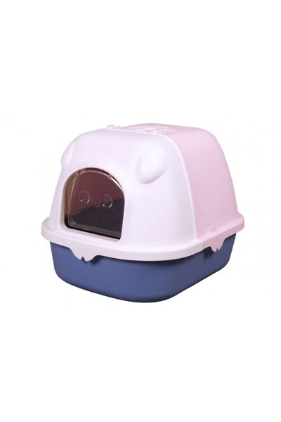 PETS HOME Ayıcık Kulaklı Kapalı Kedi Tuvaleti Şeffaf Kapaklı Pastel Renk Kedi...