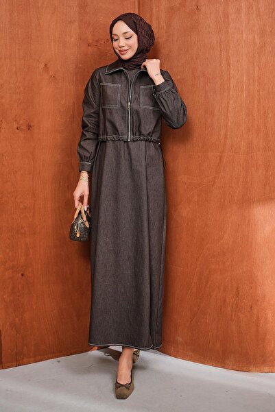 İmajButik Καφέ μπουφάν με φερμουάρ και τζιν σετ γιλέκο