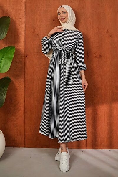 İmajButik Ανθρακί φόρεμα με γιακά, κουμπιά και ρίγες, με δέσιμο στο πλάι