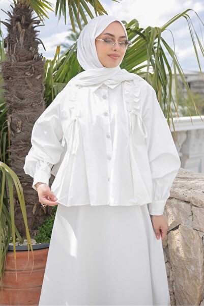 İmajButik Εκρού πουκάμισο με κορδόνι στους ώμους