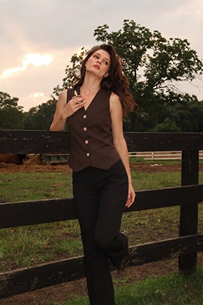 armonika Γυναικείο γιλέκο με λαιμόκοψη V σε καφέ χρώμα, με επένδυση και λινή ...