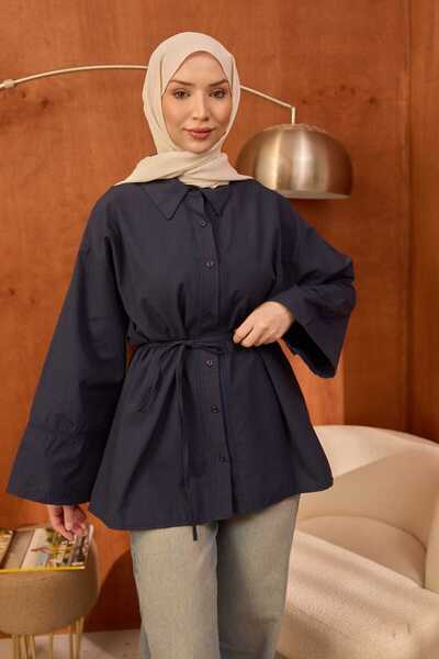 İmajButik Μπλε ναυτικό τουνίκ με κουμπιά, φαρδιά μανίκια και δέσιμο στη μέση